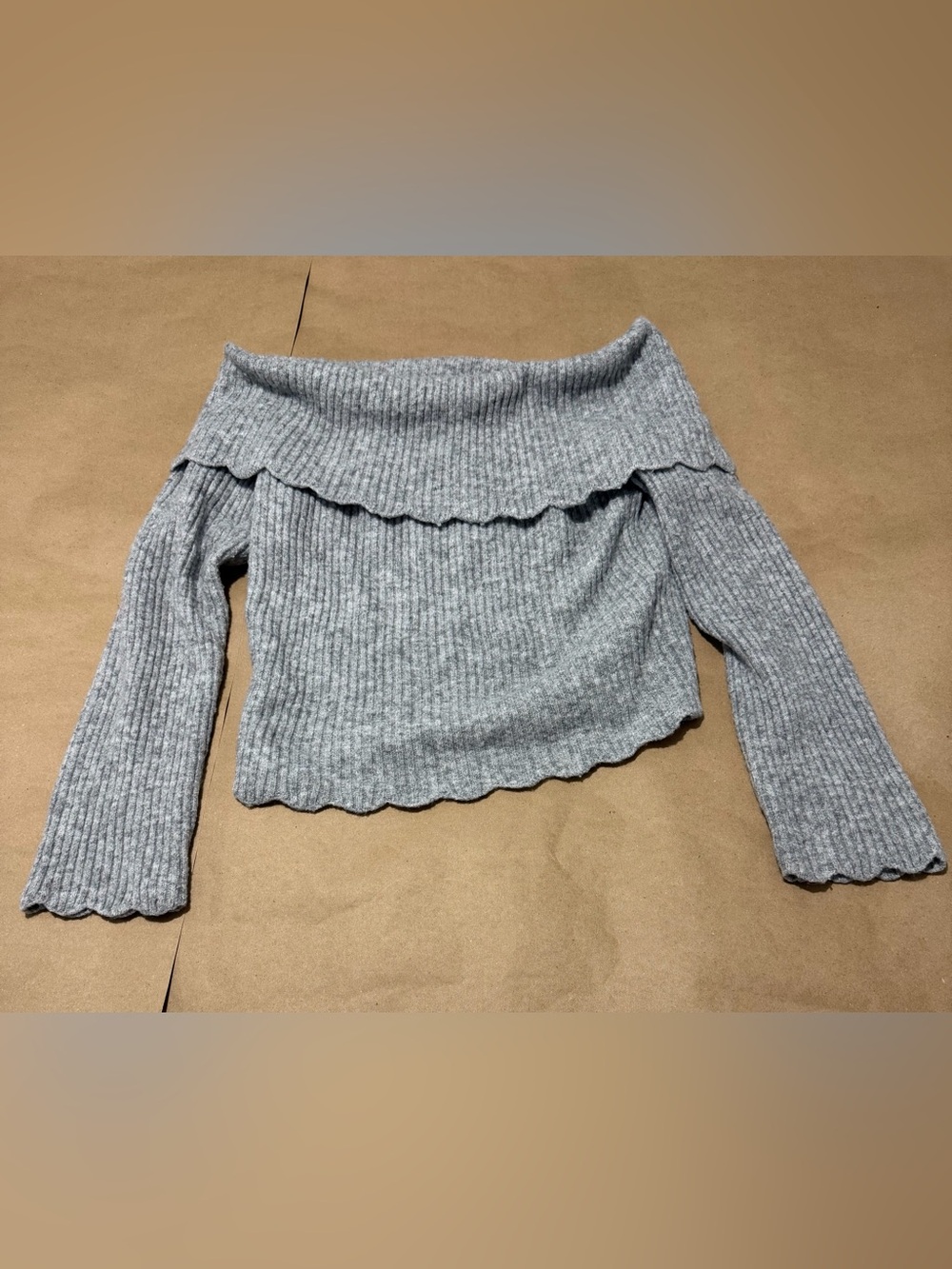 Celebrity Pink Gray Off-the-Shoulder Ribbed Ruffle Sweater